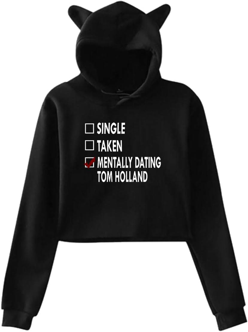 Cute Cat Ear Dating Tom Holland Women Girl Hoodies Long Sleeve Printed Pullover Sweatshirt Black