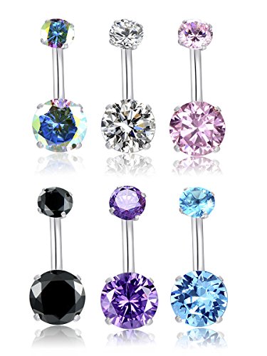 MO SI YI 14G Surgical Steel Belly Button Rings Round Cubic Zirconia Navel Barbell Stud Body Piercing for Women Girls (C:6 Pcs 6 Colors)