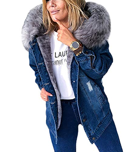 Minetom Parka Femme Capuche Fourrure Manteau Veste en Jean Hiver Chaud Slim Bouton Bleu Foncé XL