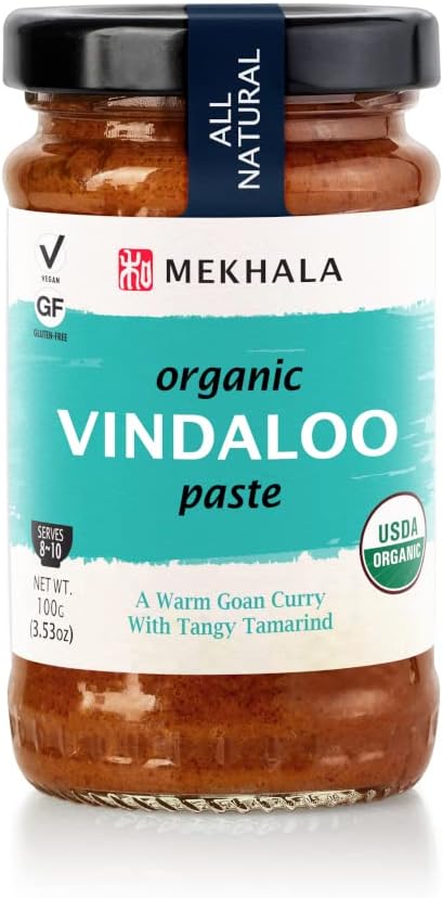 Mekhala Organic Vindaloo Indian Cooking Paste. Versatile sauce, marinade, cooking paste. Hot. ORGANIC VEGAN GLUTEN-FREE NO ADDED SUGAR 3.53oz