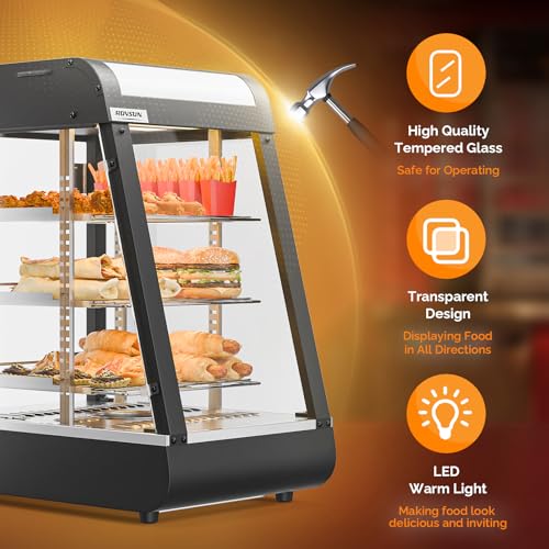 Image of ROVSUN 15 inch Commercial Food Warmer Display Pizza Warmer, 3-Tier Electric Countertop Food Warmer w /LED Lighting Adjustable Removable Shelves Glass Door, Pretzel Warmer for Buffet Restaurant, 1000W