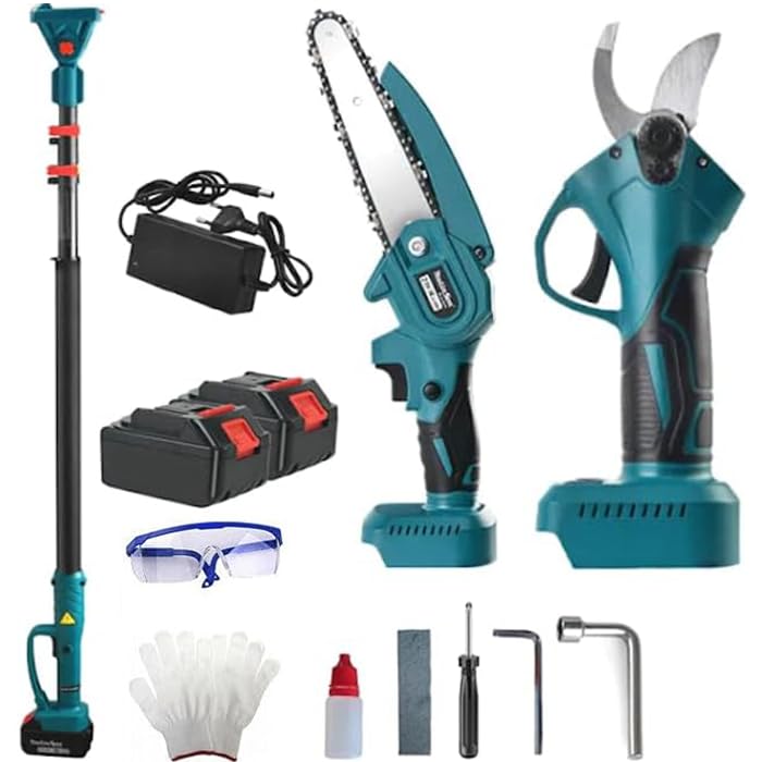 Kit Set per Potatura a Batteria, con Cesoie Forbici e Mini Motosega da 6" Pollici con pompa olio, con Asta Telescopica da 208 cm, Potatura Giardino Rami Arbusti Vigneto - Guanti e Occhialini