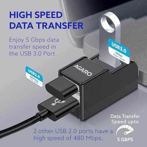Image of AGARO 3-Port USB Hub, USB 3.0 Data Hub with High-Speed 5Gbps Transfer, Plug & Play, Compact & Lightweight, Ideal for Laptop, PC, Keyboard, Mouse & Pendrive