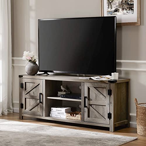 WAMPAT TV Lowboard Vintage, TV Schrank Holz 150 cm mit 2 Drehtüren und 2 Offene Fächer, Verstellbare Ablagen, Löchern für Kabel, Industrie Design Fernsehtisch für Wohnzimmer Schlafzimmer, Grau Cover