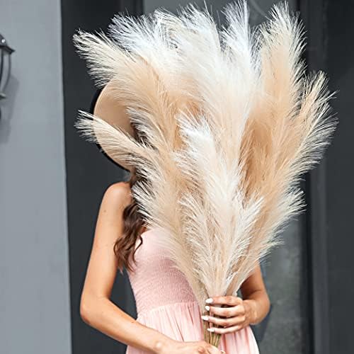 PERFIQUE Faux Pampas Grass, 43'' Artificial Flowers, Set of 3 Stems Pampas Grass Decor Tall, Pompas, Vase Fillers for Floor Vase, Rustic Minimalist Farmhouse Room Decor, Boho Wedding Decor (Beige)