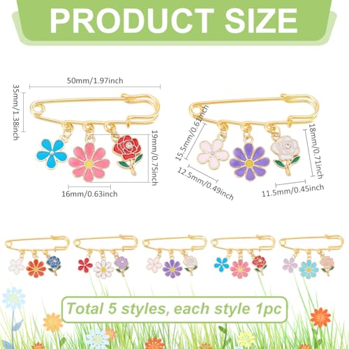 PH PandaHall Daisy Flower Safety Pin Brooches 5pcs Flower Brooch Pins Alloy Enamel Brooches Sweater Shawl Clips Decorative Safety Pins for Women Summer Clothing Shirts Dresses Decoration Accessories