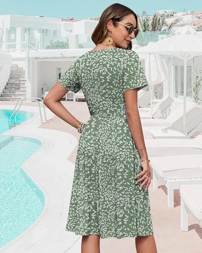 Image of WNEEDU Women V Neck Button Down Empire Waist Midi Summer Dress with Pockets
