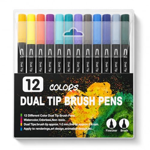 Image of Corslet 12 Pcs Dual Tip Brush Pens Vibrant Colours for Mandala Colouring Professional Dual Tip Felt Tip Pens with Flexible Brush Tip & Extra Fine Liner Tip for Detailed Artwork Watercolour Markers