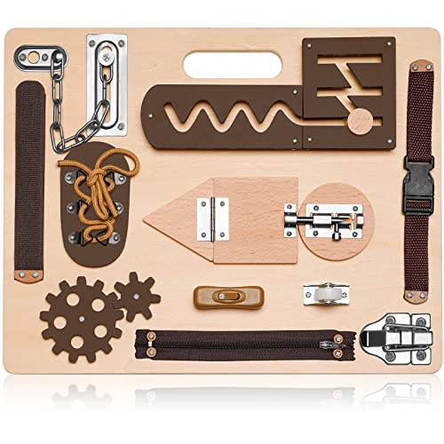 Image of Montessori Busy Board for Toddlers, Wooden Sensory Toys, Preschool Learning Activities for Fine Motor Skills Travel Toy, Basic Life Skills Educational Gifts for 1, 2, 3 Years Old Kids Boys Girls | Preschool Learning Activities, Basic Life Skills, Fine Motor Skills, Educational Birthday Gifts for Kids Ages 1 2 3 4, Brown