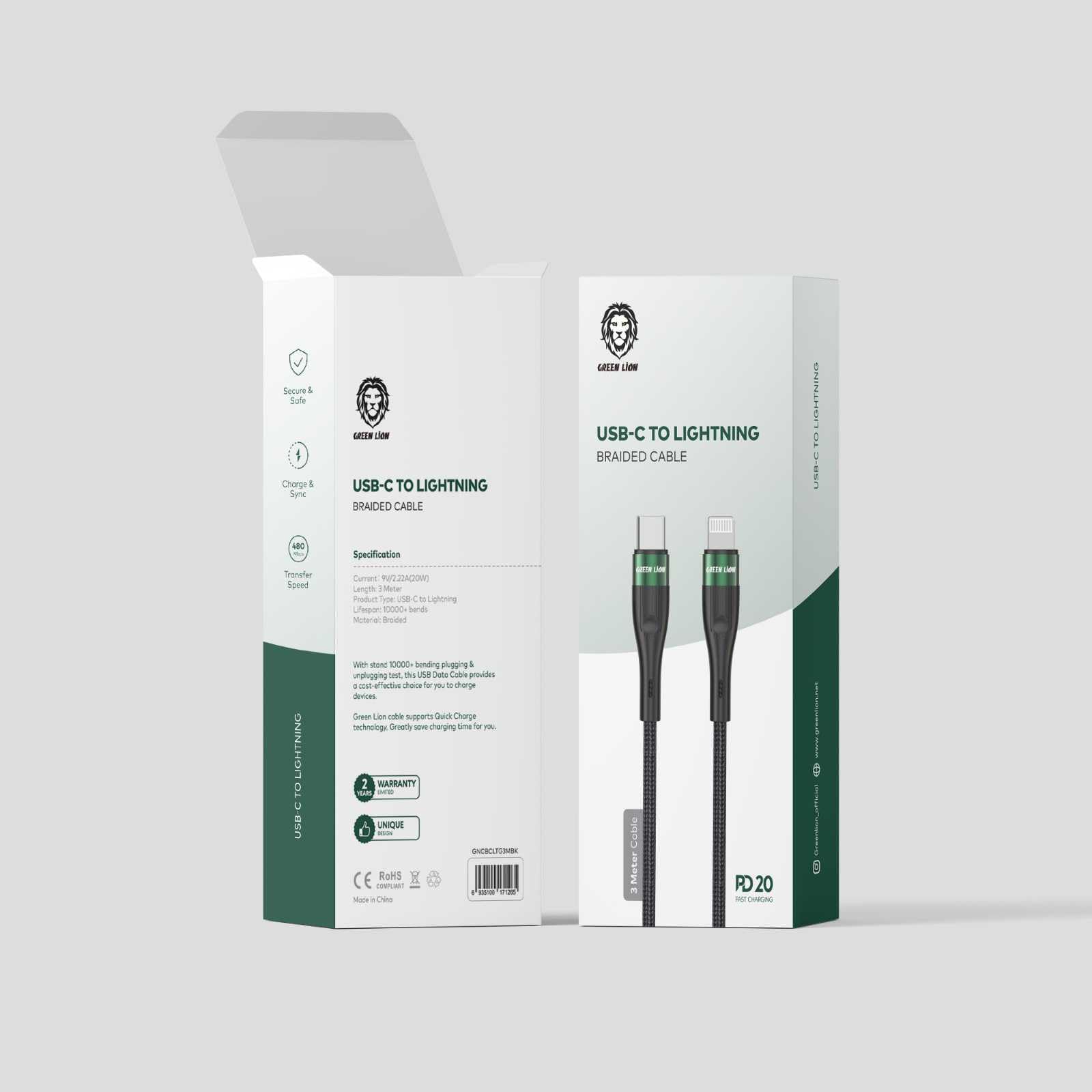 Green LionUSB-C to Lightning Braided Cable 3M PD 20W - Black