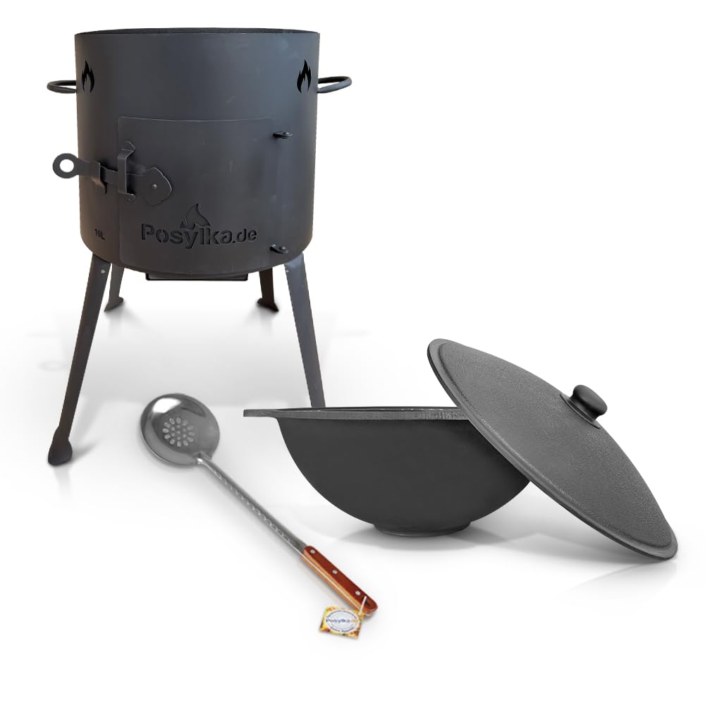 Utschak Feuerofen mit Gusseisen Topf flacher Boden mit Deckel 10 L Kazan 48 cm Outdoor Camping Set 3