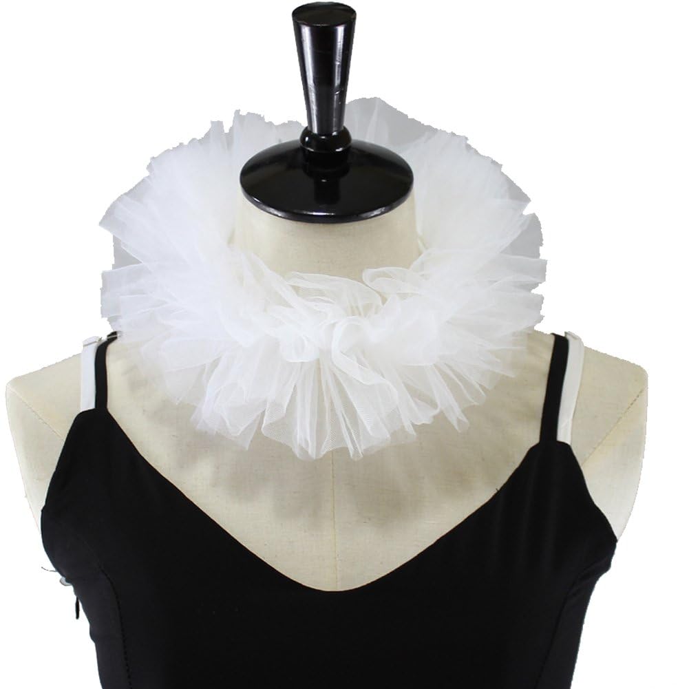 Hrippy Women's White Tulle Fluffy Ruffled Fake Collar Layered Mesh Small Neck Ruff Lace-Up Decorative Clown Choker Wrap Cosplay Costume Props