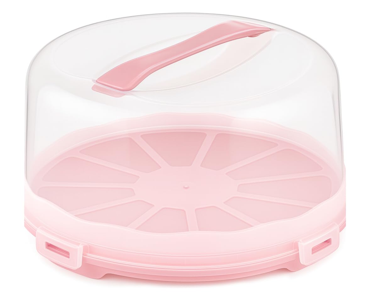 Best House | Round Cake Box | PINK | 1 Pc | W 32.5cm x H 12.5cm | Plastic Clear Cake Carrier | Transport Storage Food Container Takeaway Holder with Lid Carry Handle, Cake Stand with Lids