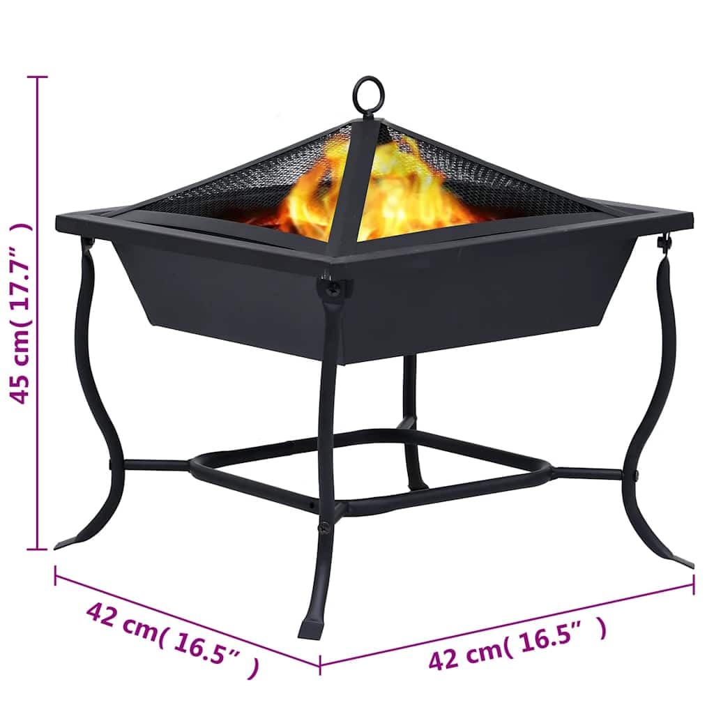 Braciere nero, 42 x 42 x 45 cm, in acciaio verniciato a polvere, con ciotola quadrata, griglia di protezione, attizzatoio in legno e calore, per giardino, terrazza, barbecue