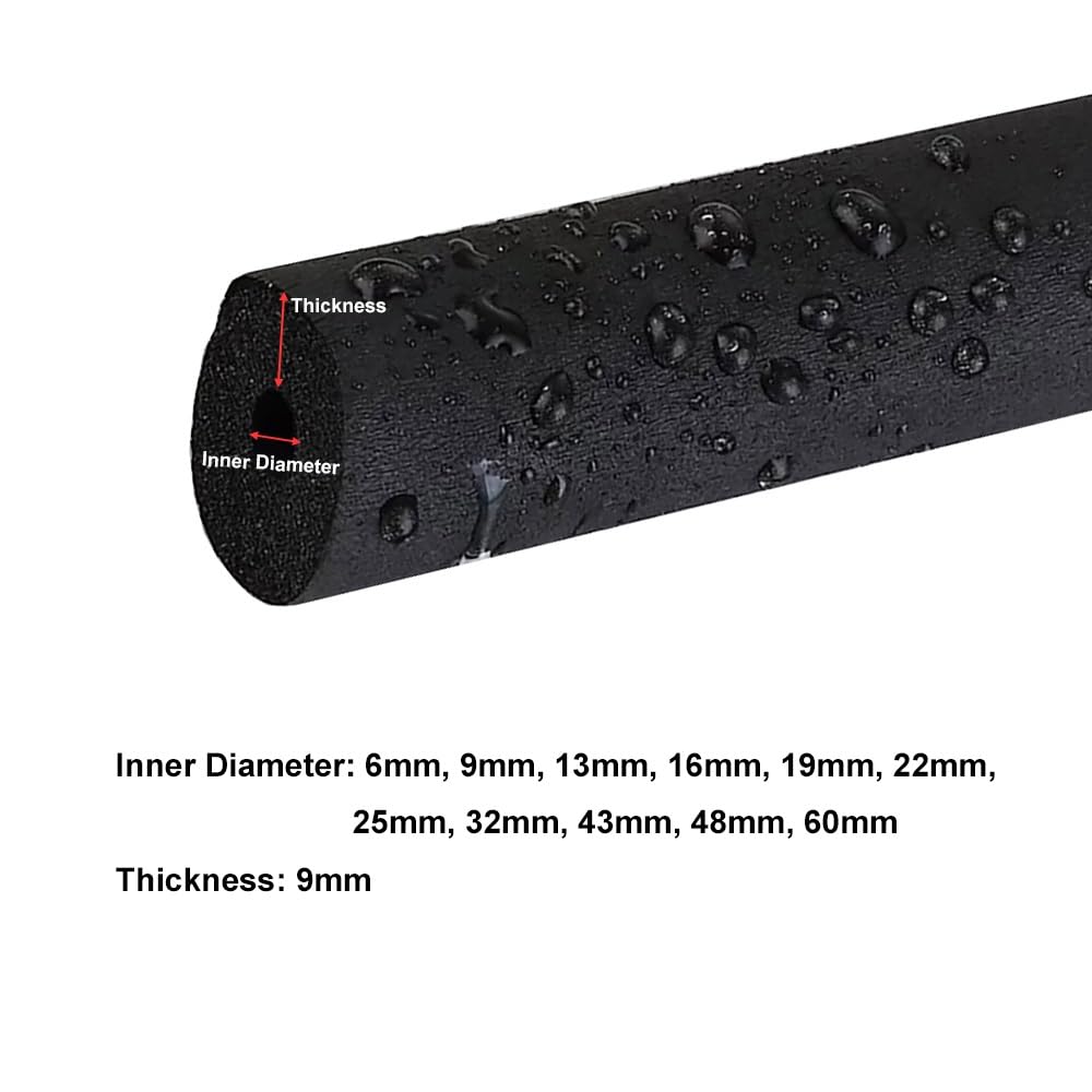 Tubo de espuma aislante, Tubo de aislamiento espuma PPR, 1,8 M, negro, 9mm, for tubos ID 6-60mm(ID 22mm)