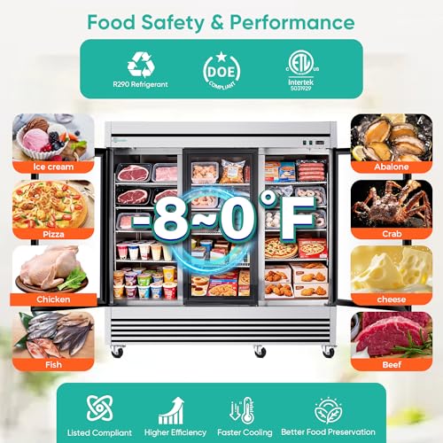 Image of 81 inch Commercial Freezer, 72 Cu.Ft Upright Freezer with 3 Glass Door, -8℉~0℉, Stainless Steel Reach-in Freezer, Fan Cooling Freezer with 12 Shelves for Garage Restaurant Bar, ETL and DOE Approved