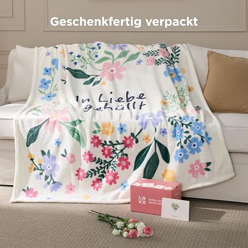 BEDSURE Geschenke für Freundin Kuscheldecke - Deko Decke für Freund, Papa, Oma, Mama & Frauen - Weiche Flauschige Fleecedecke, Geschenk für Muttertag, Vatertag, Geburtstag - 130x150 cm Weiß Blumen