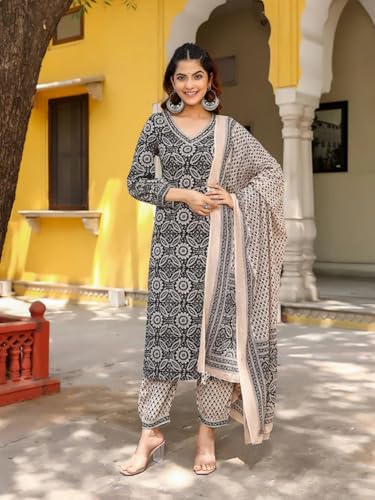 Image of Tee Projekt Women's Cotton Blend V Neck Kurta Pant with Dupatta Set ll Casual Wear Women
