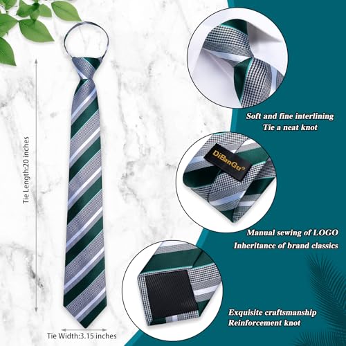 Image of DiBanGu Mens Zipper Tie Silk Pre-Tied Necktie with Gift Box | Jacquard Woven,Paisley Solid Plaid Pattern,6PCS with Pocket Square,Cufflinks and Lapel Pin,for Wedding Party Formal Business