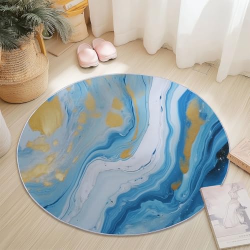 Tapis rond lavable en machine 150 cm tapis imprimé bleu et or - 7