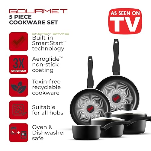 Image of Tower T700314 SmartStart Gourmet 5 Piece Cookware Set with Easy Clean Aeroglide Non-Stick Coating, Oven Safe, Long Lasting, PFOA Free, Black