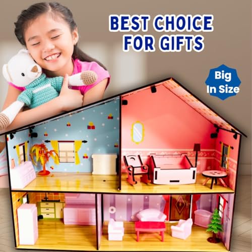 Image of Girls Wooden 2 Storey Dollhouse | Kids DIY Pretend Playset with Moveable Furniture and Multiple Sticker Sheets | Birthday Gift Playhouse for Children (Pink, Age 3-10 Years)