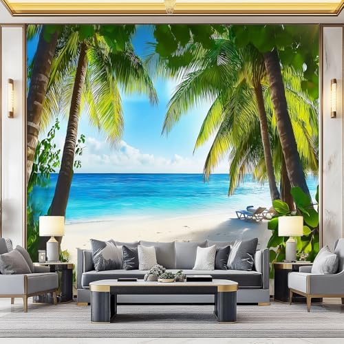 Genérico Papel pintado fotográfico de telas no tejidas, 3D Mar Azul Palmeras 250 x 175 cm - Playa Tropical Fotomurales Papel pintado De Pantalla Decoración De Pared Sala Cuarto Oficina Salón