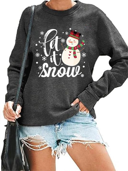 Merry Christmas Shirts for Women Let It Snow Sweatshirts Xmas Tree Graphic Tshirts Winter Snowman Fleece Pullover