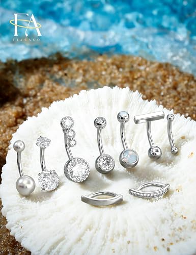 Image of FIASASO 9 Pcs Belly Button Ring - Surgical Stainless Steel CZ Belly Rings Clicker Belly Piercings for Women Navel Piercing Jewelry Pack