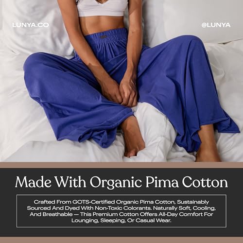Image of Lunya Organic Pima Wide Leg Cotton Pants for Women - Organic Cotton Palazzo Pants - High Rise Wide Waistband - Raw Hem for Customization - Relaxed Lounge Wear - Small - Royal Lagoon