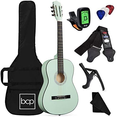 Best Choice Products 38in Beginner All Wood Acoustic Guitar Starter Kit w/Case, Strap, Digital Tuner, Pick, Strings - SoCal Green