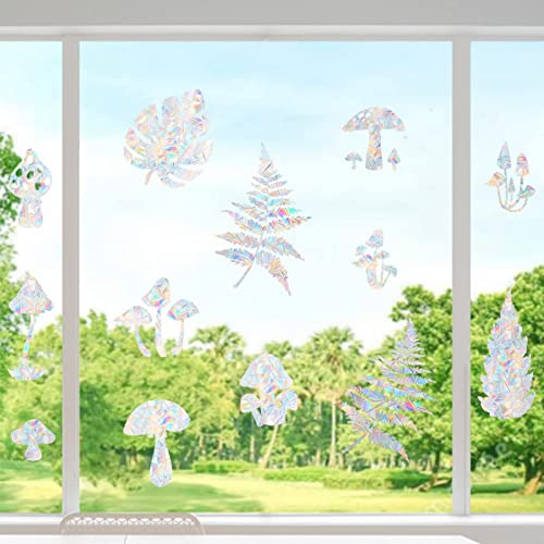 Image of 18 Pieces Mushroom and Leaf Window Decals for Bird Strike Prevention - Reusable Rainbow Suncatcher Clings to Save Birds, Non-Adhesive Anti-Collision Stickers, Easy Remove No Residue