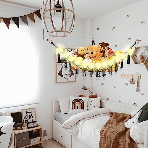 Image of CERETIA Stuffed Animal Hammock with LED Light, Large Stuffed Animals Storage Corner Plushie Net for Kids Room Decor, Black