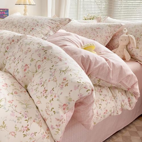 Image of Floral Duvet Cover Twin Size Reversible White Pink Botanical Flower Bedding Set with Zipper Closure Garden Spring Plants Printed Soft Microfiber Comforter Cover Set with 1 Pillowcase