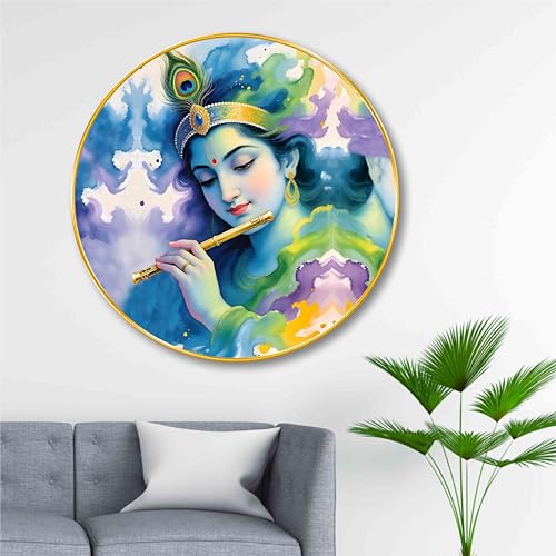 Image of SAF Lord Krishna Wall Painting - Divine Flute Art in Round Golden Frame | Spiritual Wall Decor for Living Room, Bedroom, Pooja Room & Office | Hindu Religious Home Decoration (23 X 23 Inch) GR-289