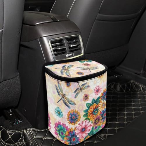 Image of Bohemian Flower Dragonfly Car Garbage Can with Adjustable Straps Car Hanging Trash Can with Lid Multipurpose Portable Trash Bag for Cars SUVs, Trucks