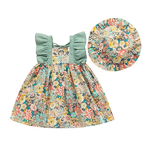 Toddler Baby Girl Dress Summer Bohemia Floral Ruffle Sleeveless Kids Casual Beach Party A-Line Dresses + Floral Hat (Green, 6-12 Months)