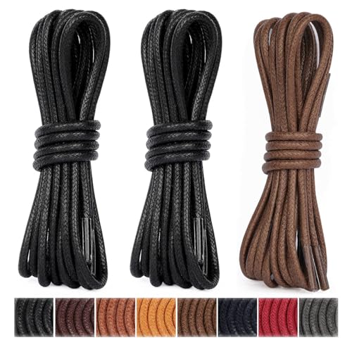 Image of Handshop 3 Pairs Dress Shoe Laces | 3 /32 inch Thin Round Waxed Shoelaces | Polished waxed sheen, tightly woven cotton, secure tie, for oxfords, derbies and chukka boots, 23 inch-63 inch sizes and 15 colors