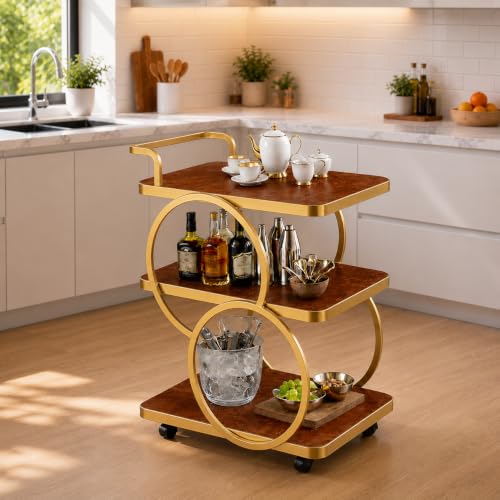 Image of Bar Table 3-Tier Metal Serving Table with Wheels Gold Elegant Home and Restaurant Mobile Cart for Effortless Food Serving Coffee Table for Living Room (Golden & Brown)