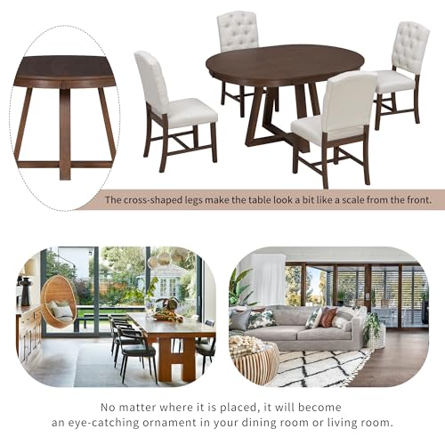 Image of Bellemave 5-Piece Dining Table Set, Extendable Round Dining Table with 16 inch Removable Leaf, 4 Upholstered Button Tufted Chairs, Acacia Veneer Tabletop (Walnut)