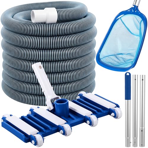 Innconee 4 Pcs Swimming Pool Vacuum Kits 13" Vacuum Head with 1-1/2" x 29.5 ft Hoses, 13.7ft Pole and 17" Skimmer Net Flexible Head with Wheels for Above Ground Inground Hot Tub Cleaning Tool