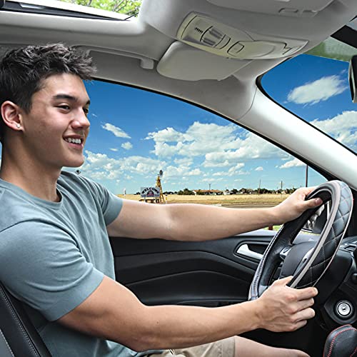 Car Pass Sporty Quilting Leather Universal Fit Steering Wheel Cover,Fit For Suvs,Vans,Sedans,Trucks For 14.7" To 15"(Black & Gray) #TOP1