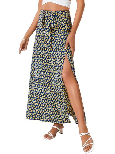 LYANER Women's Floral Print Split Front Tie Knot High Waisted Boho Beach Maxi Skirts4