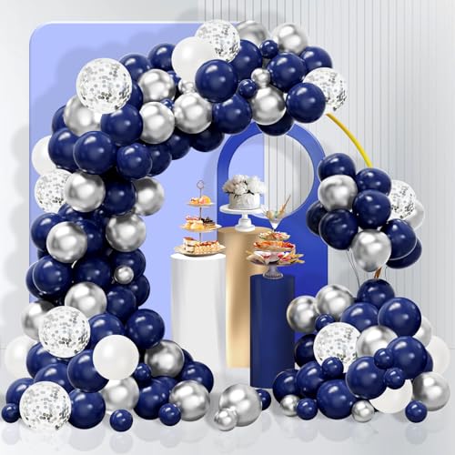 COLANANA Kit Arco di Palloncini,100PCS Kit Ghirlanda di Palloncini,Blu Scuro Argento Decorazioni di Compleanno per Adulti Bambini Compleanno,Baby Shower,Matrimonio,Anniversario,Festa di Carnevale