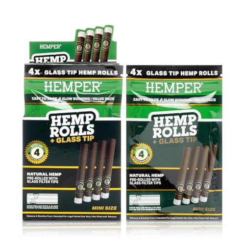 Hemper Pre-Rolled Mini Size Hemp Rolls with Reusable Glass Tips - 4PK | 12ct Display | Hand-Rolled, Natural Hemp Paper Rolls in Protective Case for Smooth, Clean Burn and Freshness - (Natural)