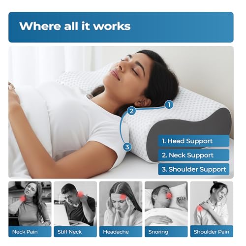 Image of Lifelong Memory Foam Cervical Pillow for Neck Support | Orthopedic Contour Foam Pillow for Neck Pain with Breathable Cover | Fits Side & Back Sleepers | Pain Relief for Adults | Comfortable Bed Pillow