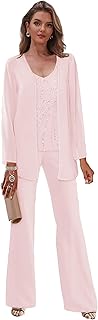 3 Pieces Beaded Mother of The Pant Suits for Wedding with Jacket Chiffon Pantsuits for Women Dressy