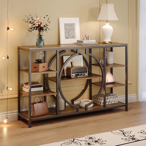 Tohomeor Mesa consola industrial de 120 cm para pasillo, mesa de sofá rústica para detrás del sofá, mesa de entrada de 4 niveles con espacio de almacenamiento para pasillo, entrada, salón (marrón)