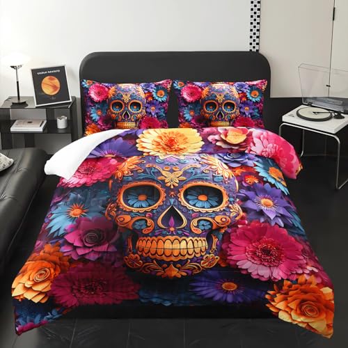 Image of Pink Sugar Skull King Size Comforter Set,Girls Colorful Floral Skull King Size Bedding Set,with 1 Comforter with 2 Pillow Case