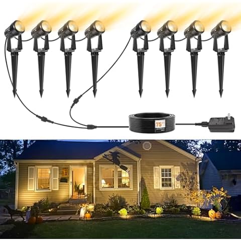 APONUO 95FT Low Voltage Led Landscape Light, Landscape Lights with Transformer Waterproof Landscape Lighting Kit Warm White 12W Landscape House Light for Yard, Lawn, Tree (8 Lights) Cover